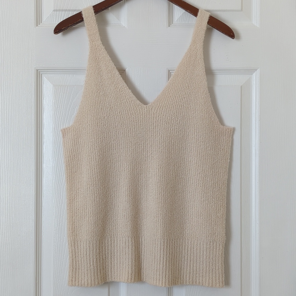 Joie Classic Plush Fuzzy Ribbed Knit Relaxed Fit V-neck Sweater Tank Top Cream L